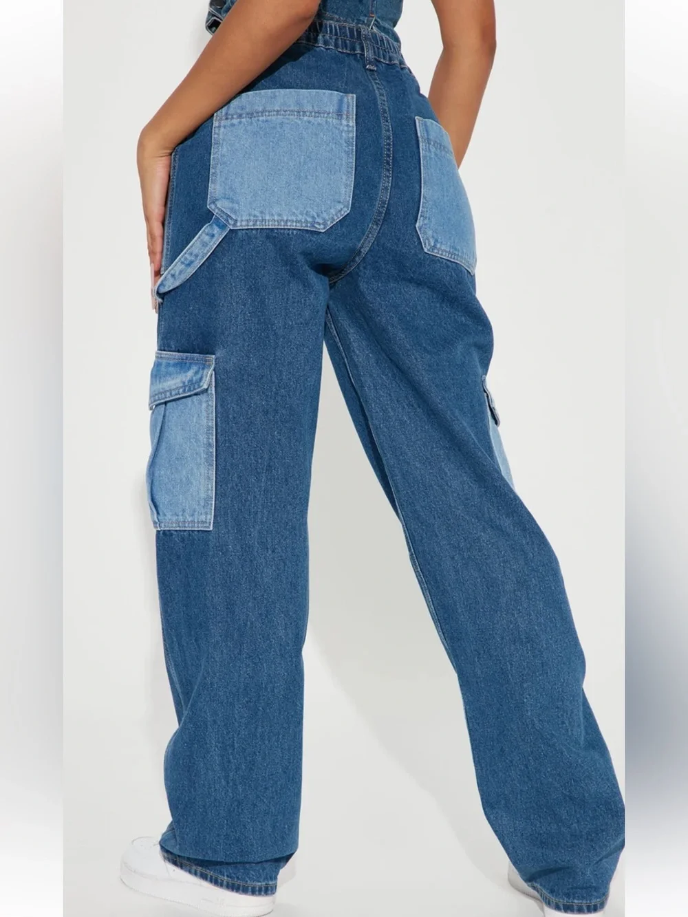 Two Tone Carpenter Cargo Jeans Straight Leg‎ Multi Pocket Patchwork Denim